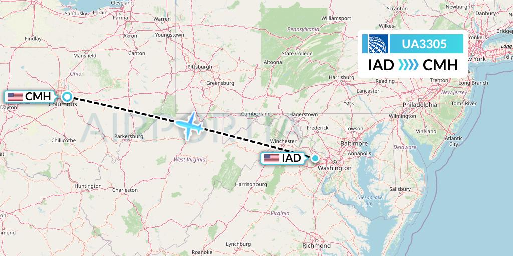 UA3305 United Airlines Flight Map: Washington to Columbus