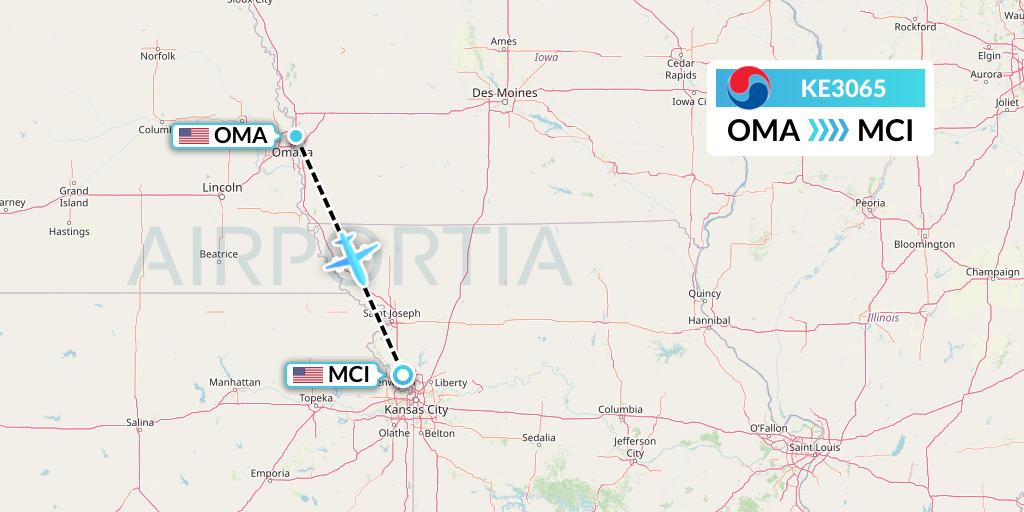 KE3065 Korean Air Flight Map: Omaha to Kansas City