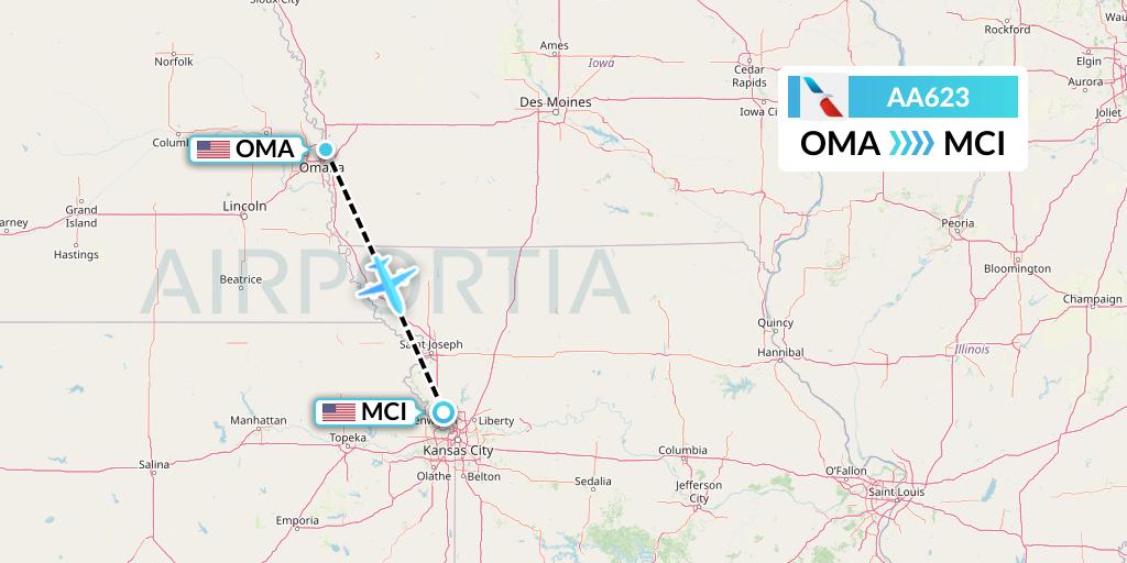 AA623 American Airlines Flight Map: Omaha to Kansas City