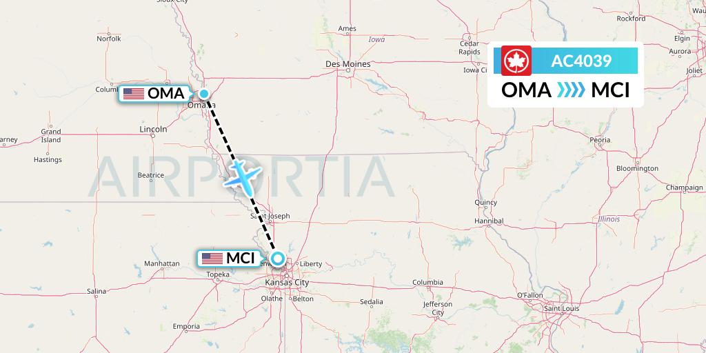 AC4039 Air Canada Flight Map: Omaha to Kansas City