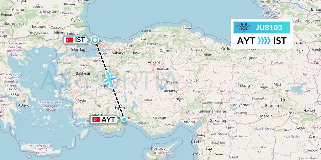 JU8103 AirSERBIA Flight Map: Antalya to Istanbul