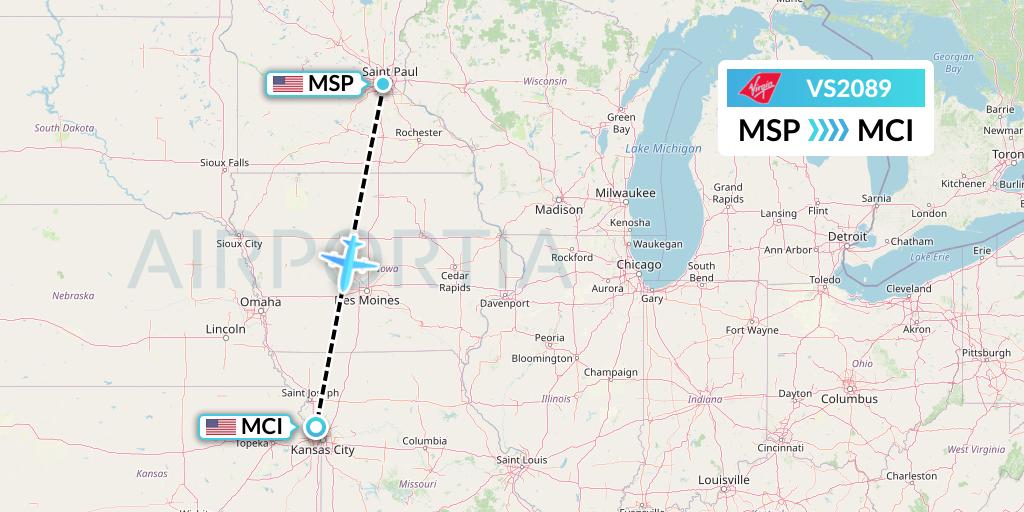 VS2089 Virgin Atlantic Airways Flight Map: Minneapolis to Kansas City