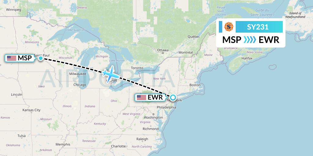 SY231 Sun Country Airlines Flight Map: Minneapolis to New York