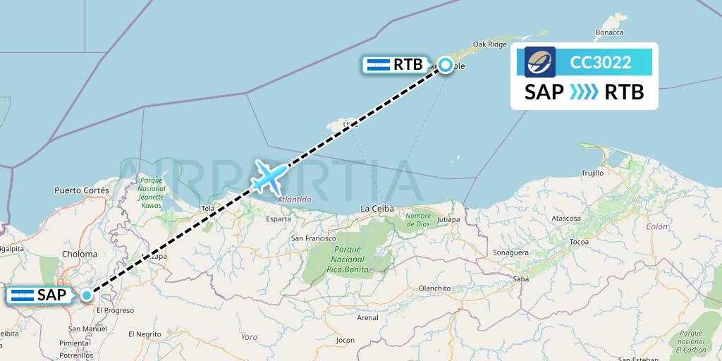 CC3022 CM Airlines Flight Map: San Pedro Sula to Roatan