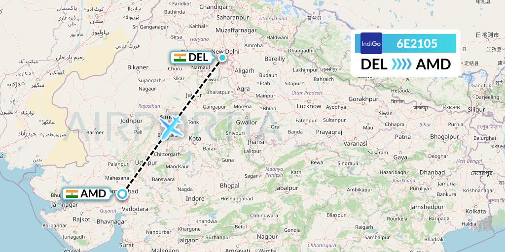 6E2105 IndiGo Airlines Flight Map: Delhi to Ahmedabad
