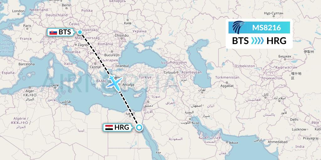 MS8216 EgyptAir Flight Map: Bratislava to Hurghada