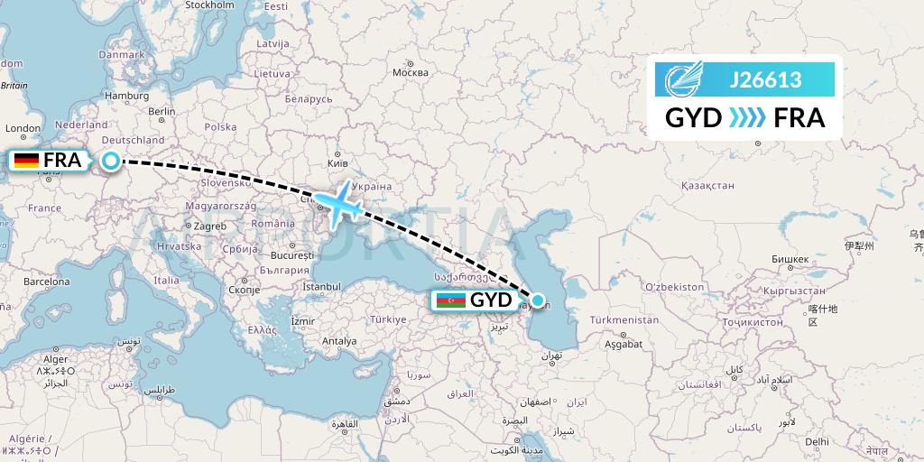 J26613 Azerbaijan Airlines Flight Map: Baku to Frankfurt