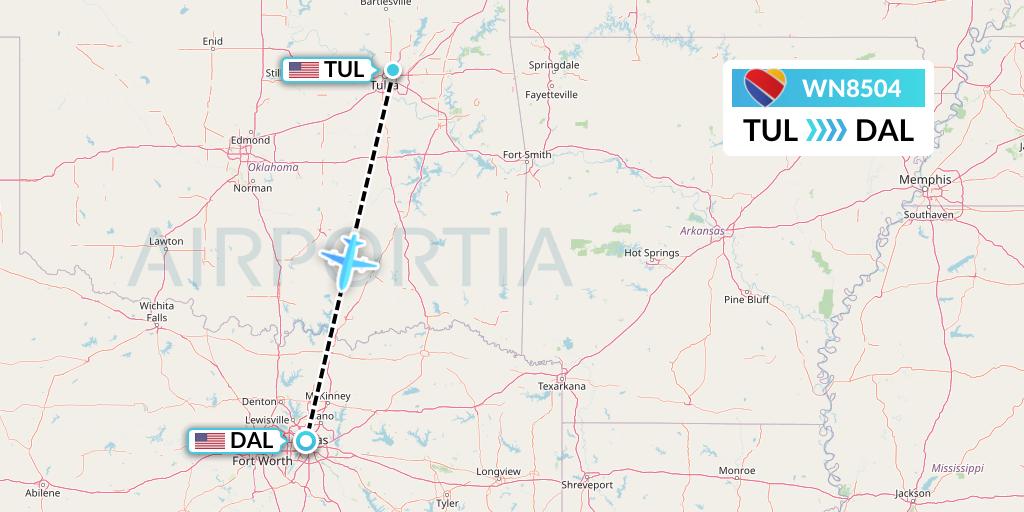 WN8504 Southwest Airlines Flight Map: Tulsa to Dallas
