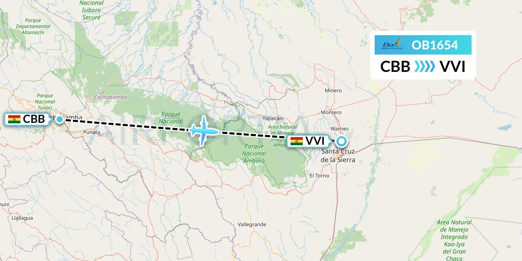 OB1654 Boliviana de Aviacion Flight Map: Cochabamba to Santa Cruz
