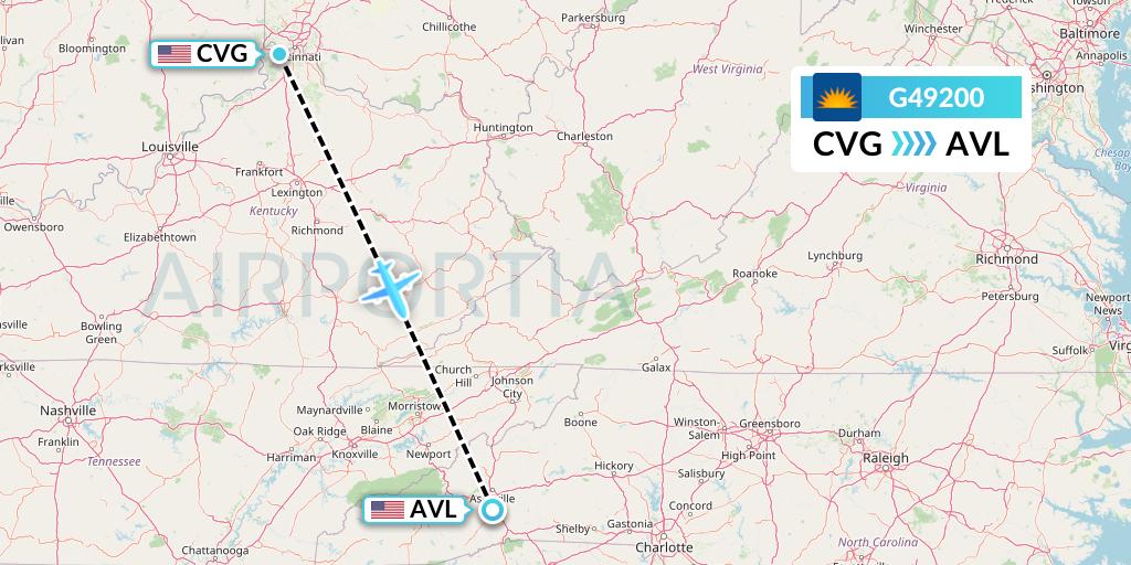 G49200 Allegiant Air Flight Map: Cincinnati to Asheville