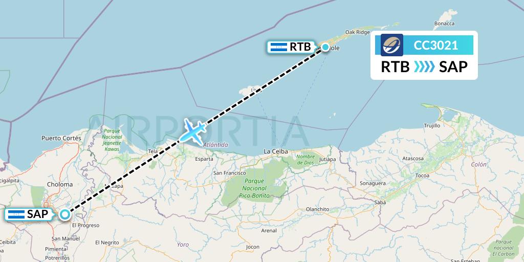 CC3021 CM Airlines Flight Map: Roatan to San Pedro Sula