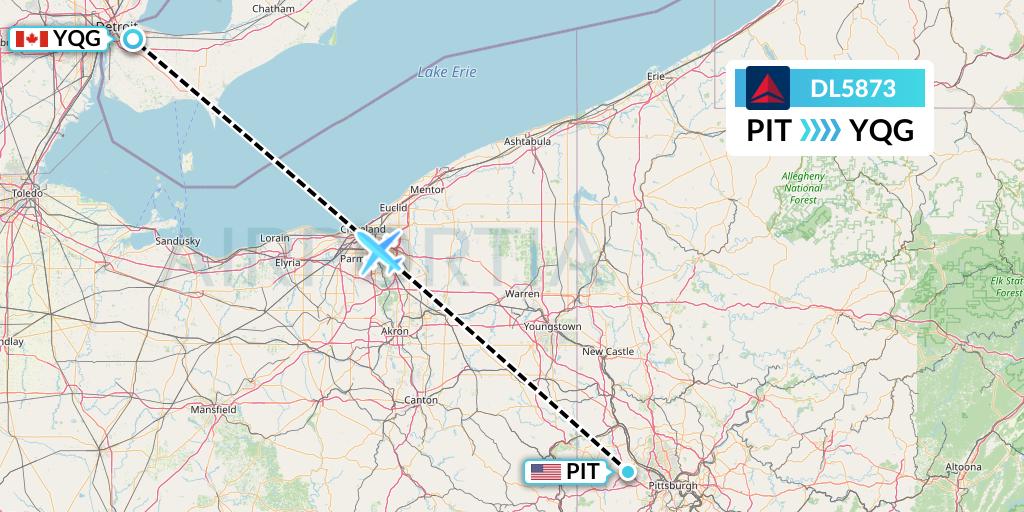 DL5873 Delta Air Lines Flight Map: Pittsburgh to Windsor