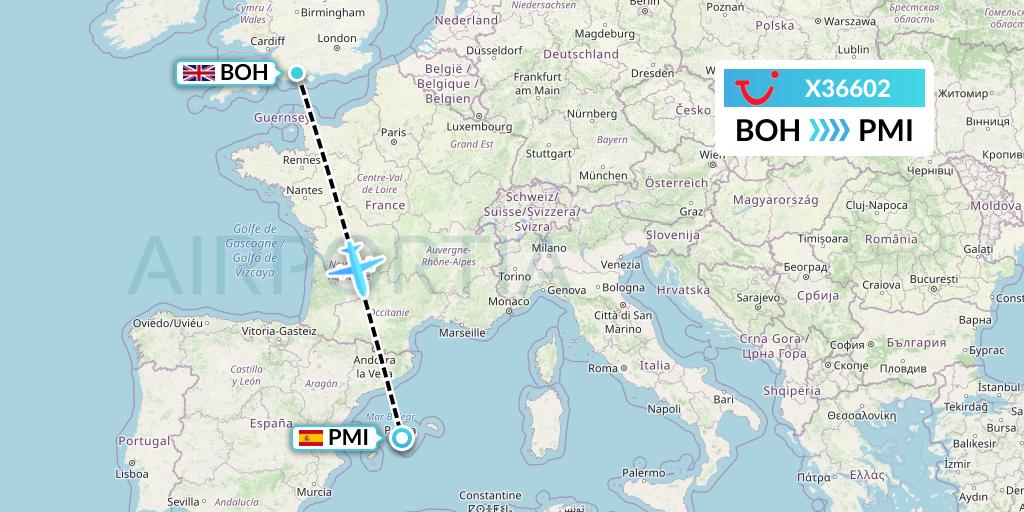 X36602 TUI fly Germany Flight Map: Bournemouth to Palma de Mallorca