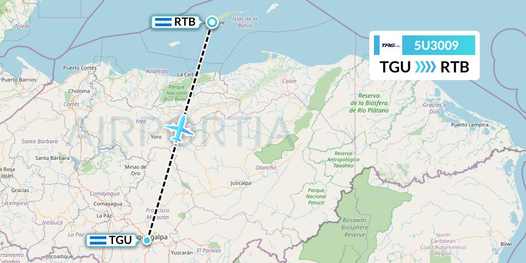 5U3009 TAG Airlines Flight Map: Tegucigalpa to Roatan