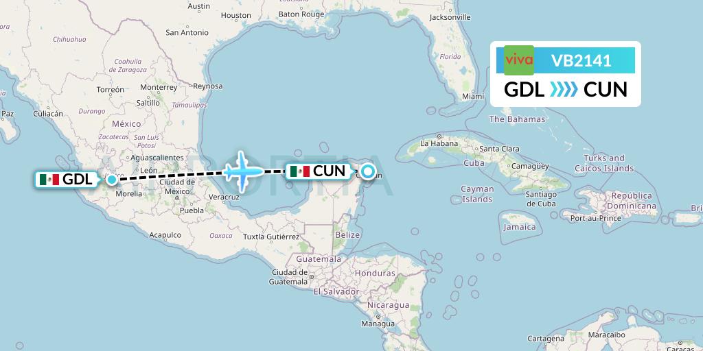 VB2141 VivaAerobus Flight Map: Guadalajara to Cancun