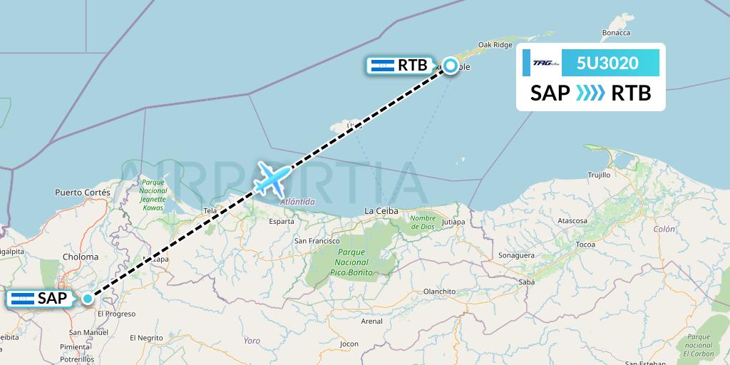 5U3020 TAG Airlines Flight Map: San Pedro Sula to Roatan