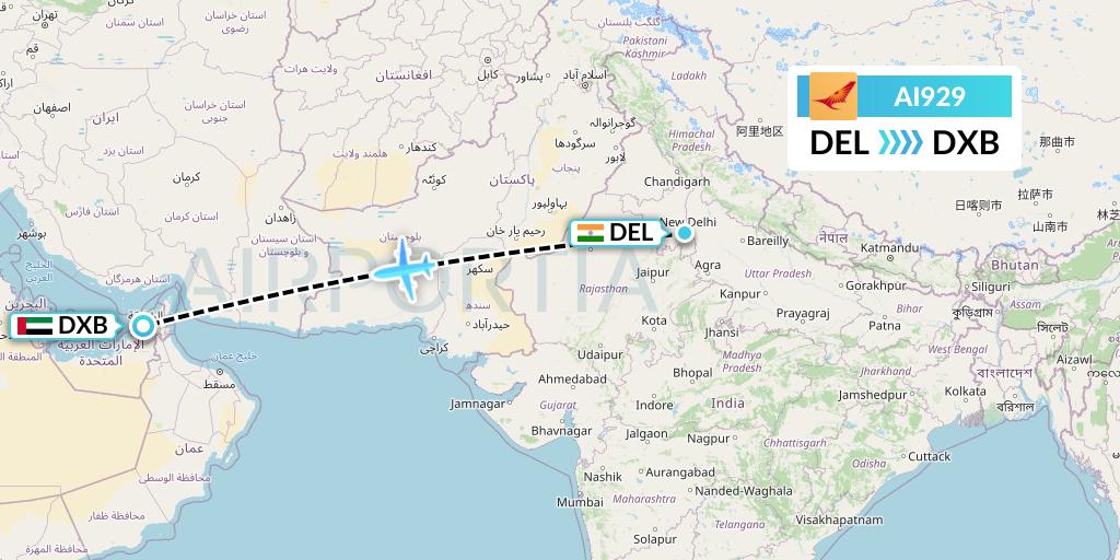 AI929 Air India Flight Map: Delhi to Dubai