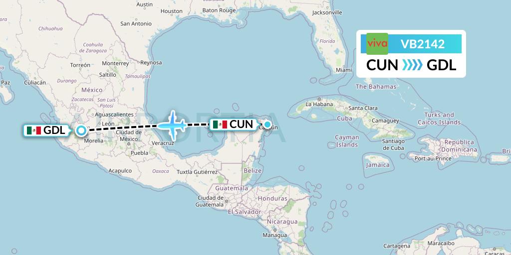 VB2142 VivaAerobus Flight Map: Cancun to Guadalajara