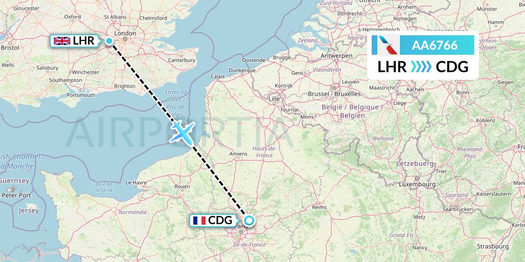 AA6766 American Airlines Flight Map: London to Paris