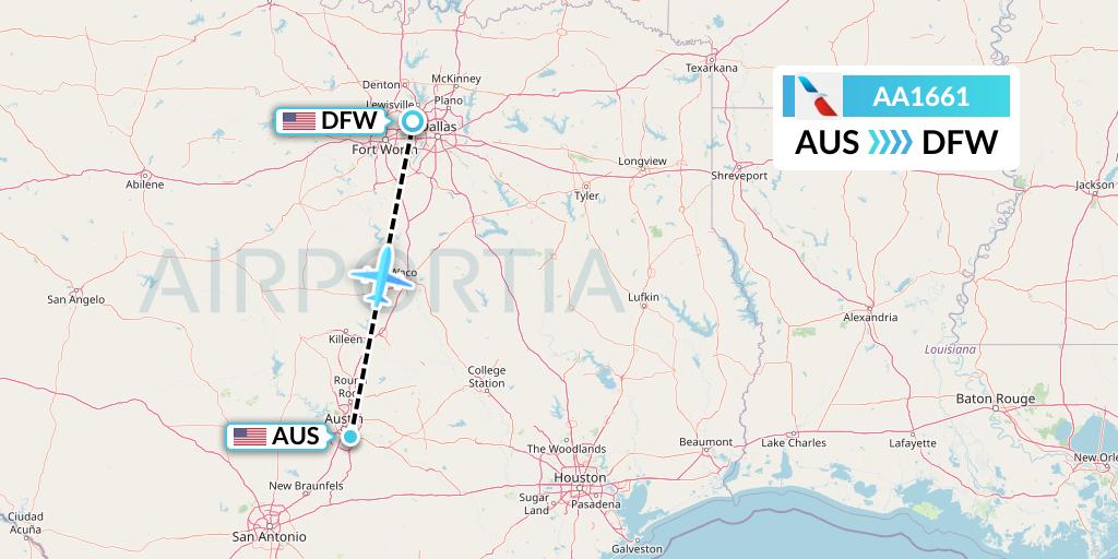 AA1661 American Airlines Flight Map: Austin to Dallas