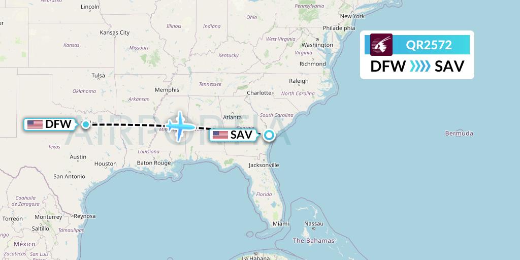 QR2572 Qatar Airways Flight Map: Dallas to Savannah