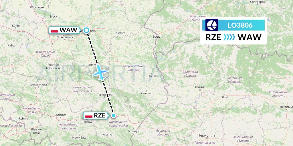 LO3806 LOT Flight Map: Rzeszow to Warsaw