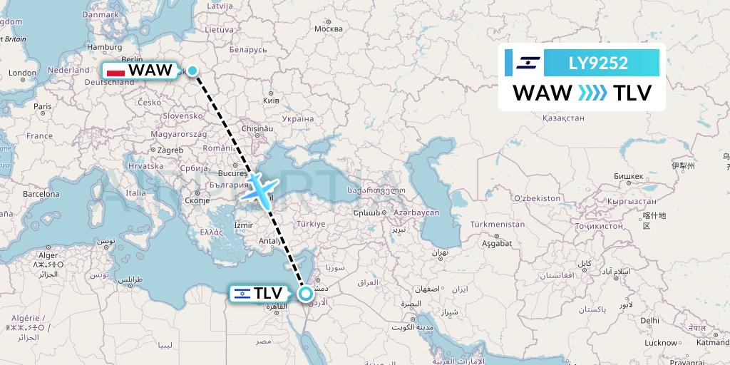 LY9252 El Al Flight Map: Warsaw to Tel Aviv