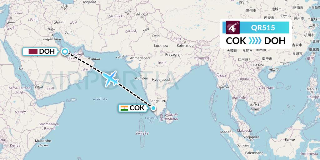 QR515 Qatar Airways Flight Map: Cochin to Doha