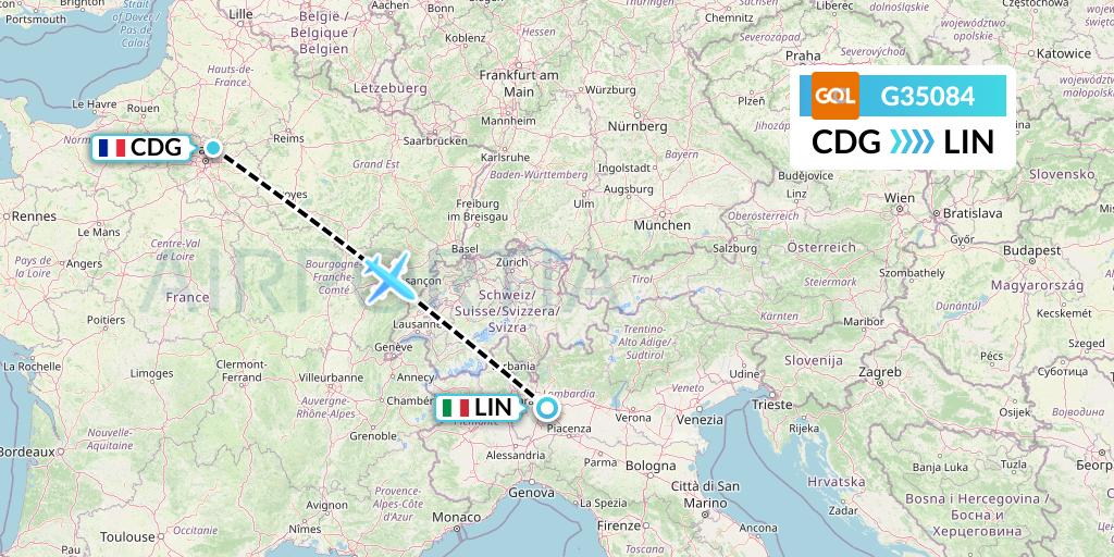 G35084 GOL Transportes Aeros Flight Map: Paris to Milan