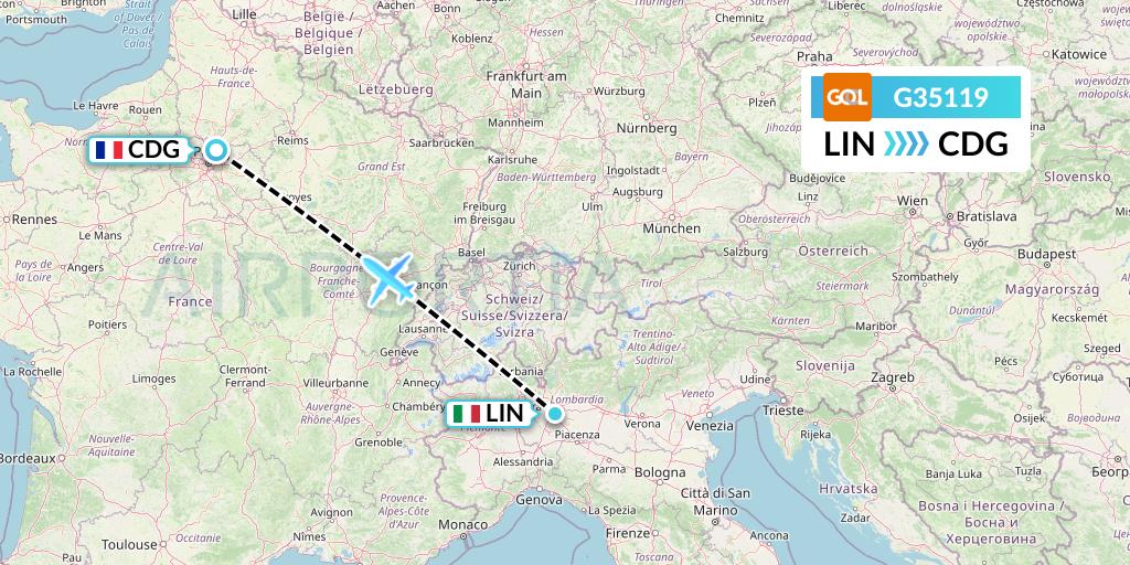 G35119 GOL Transportes Aeros Flight Map: Milan to Paris