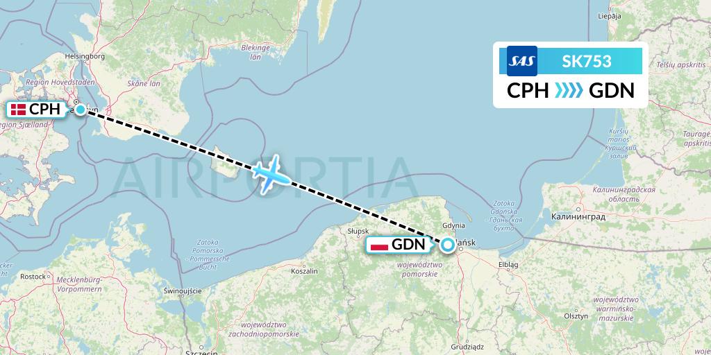 SK753 SAS Flight Map: Copenhagen to Gdansk