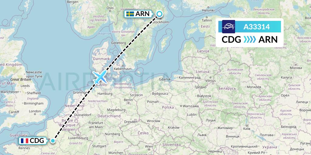 A33314 Aegean Airlines Flight Map: Paris to Stockholm