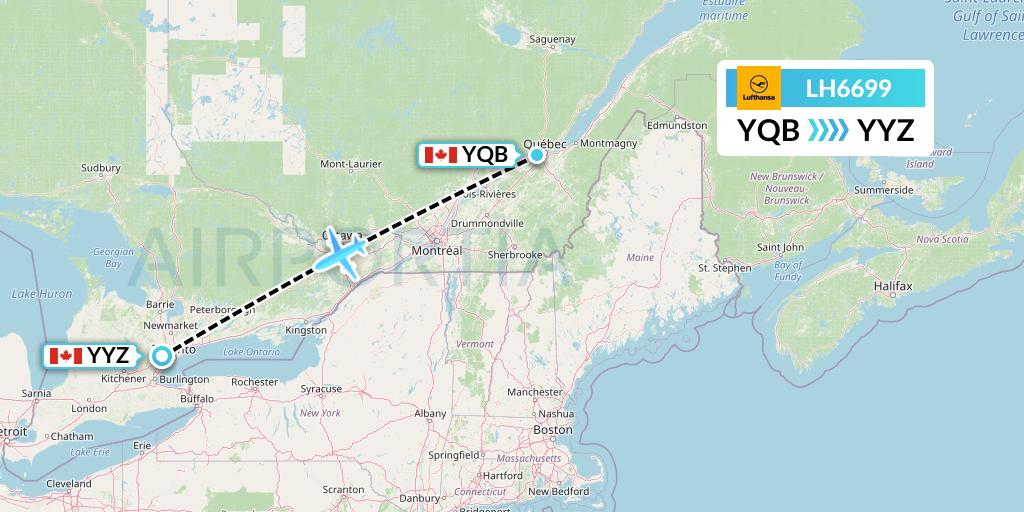 LH6699 Lufthansa Flight Map: Quebec to Toronto