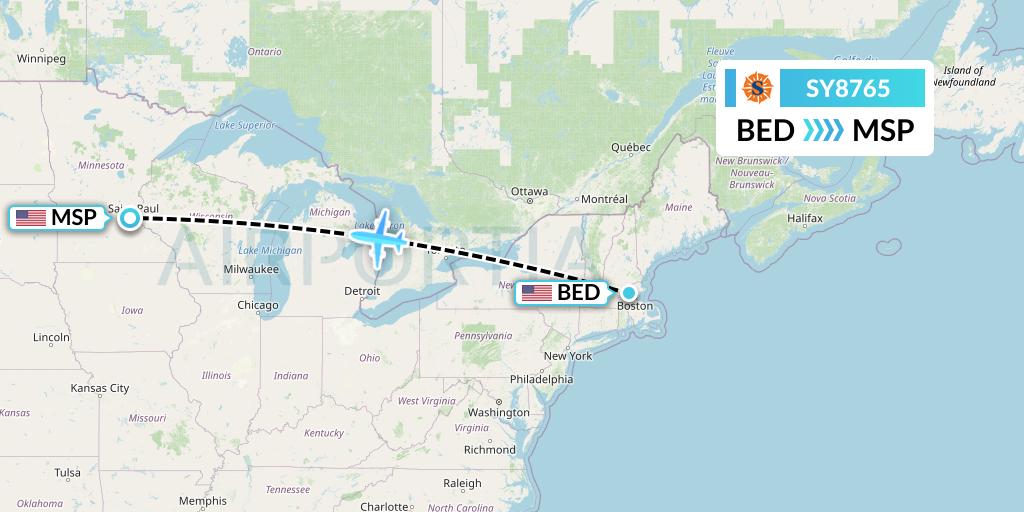 SY8765 Sun Country Airlines Flight Map: Bedford to Minneapolis
