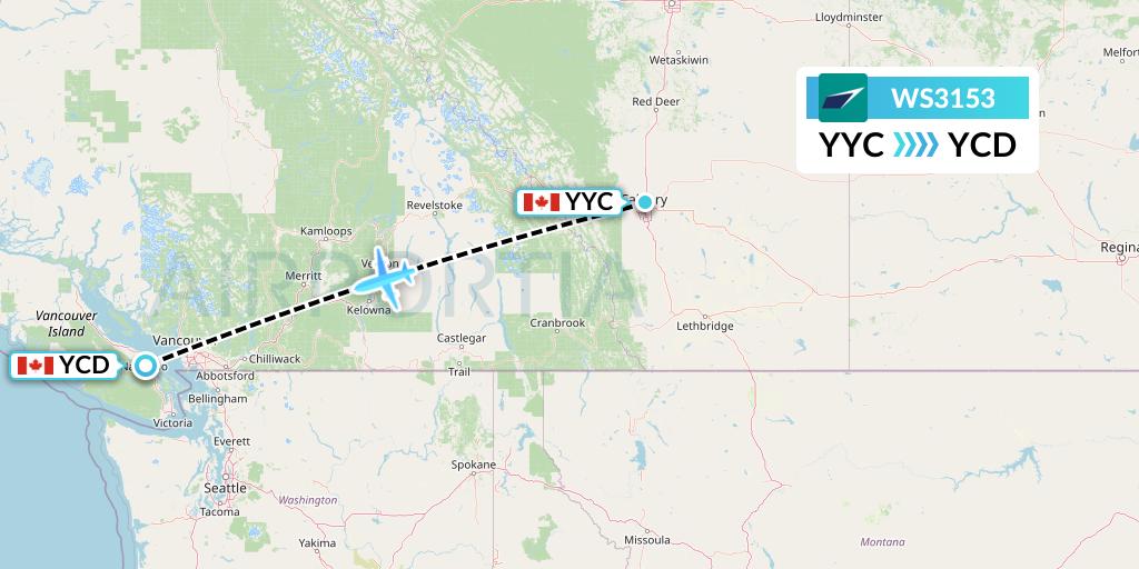 WS3153 WestJet Flight Map: Calgary to Nanaimo