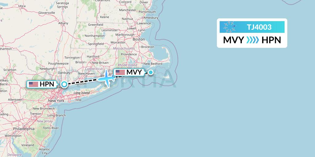 TJ4003 Tradewind Aviation Flight Map: Martha's Vineyard to White Plains
