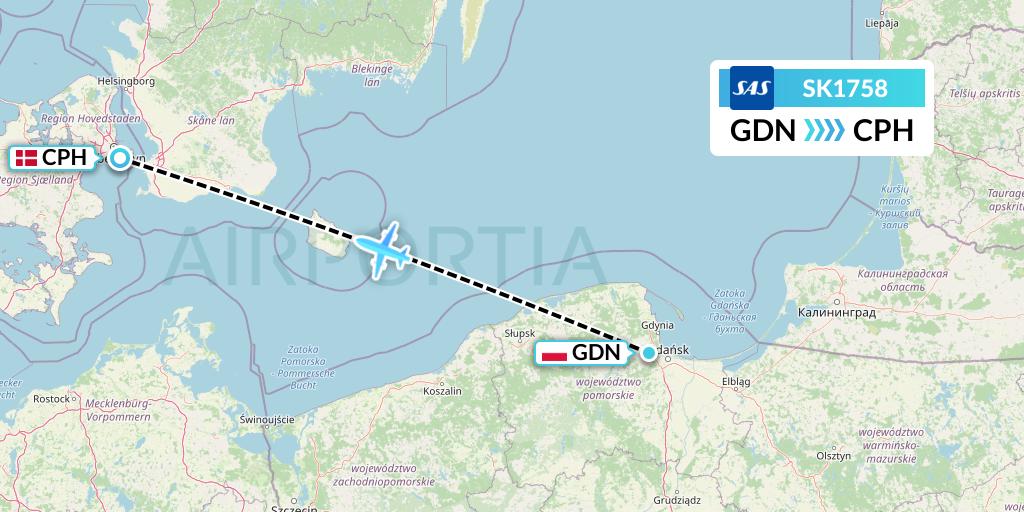 SK1758 SAS Flight Map: Gdansk to Copenhagen