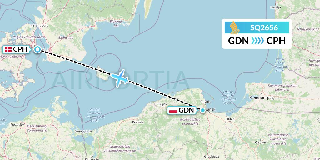SQ2656 Singapore Airlines Flight Map: Gdansk to Copenhagen