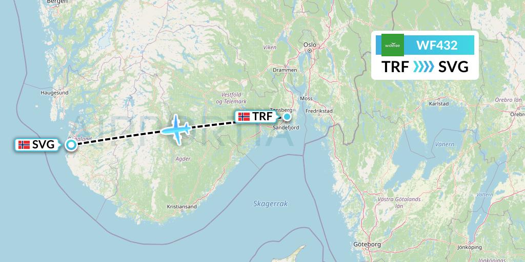 WF432 Wideroe Flight Map: Oslo to Stavanger