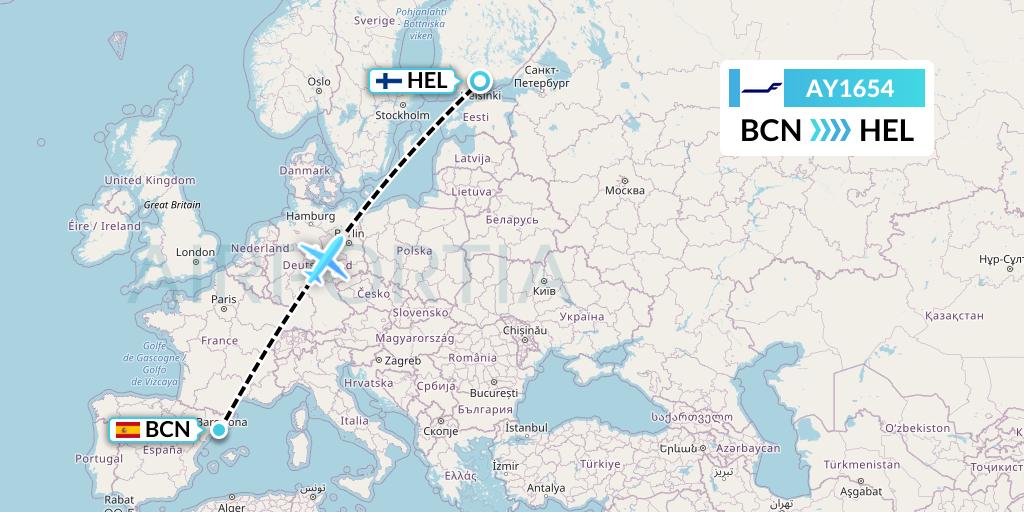 AY1654 Finnair Flight Map: Barcelona to Helsinki