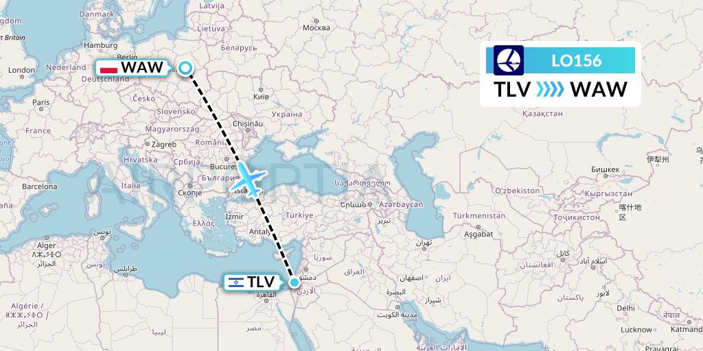 LO156 LOT Flight Map: Tel Aviv to Warsaw