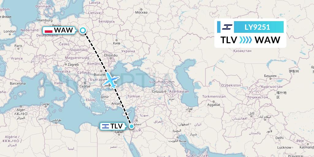 LY9251 El Al Flight Map: Tel Aviv to Warsaw
