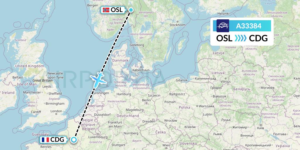 A33384 Aegean Airlines Flight Map: Oslo to Paris