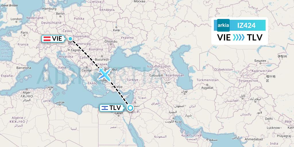 IZ424 Arkia Israeli Airlines Flight Map: Vienna to Tel Aviv