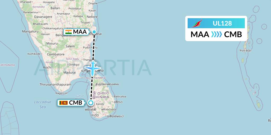 UL128 SriLankan Airlines Flight Map: Chennai to Colombo