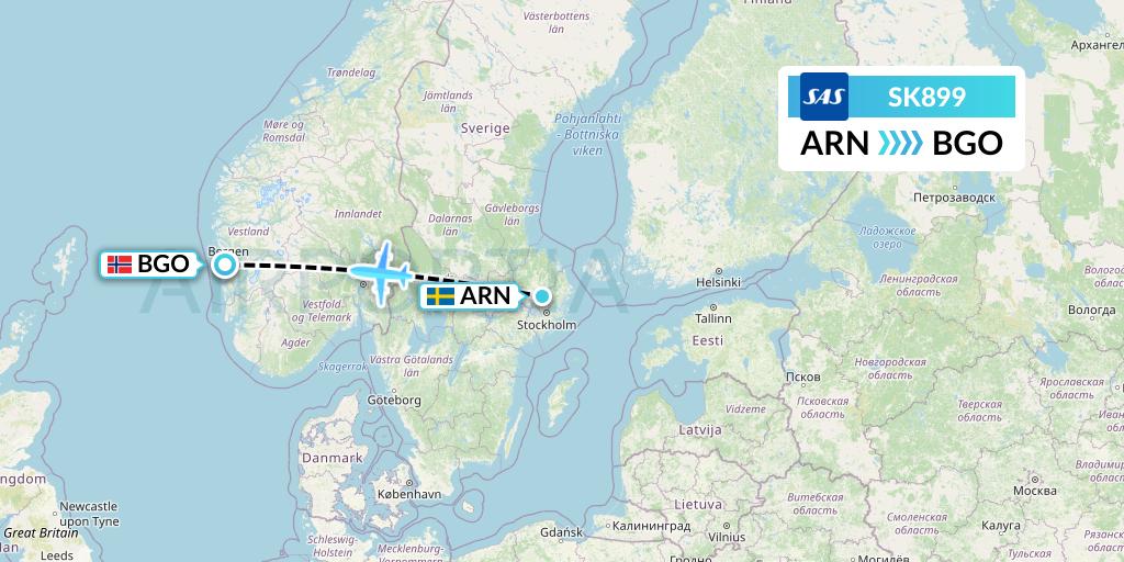 SK899 SAS Flight Map: Stockholm to Bergen