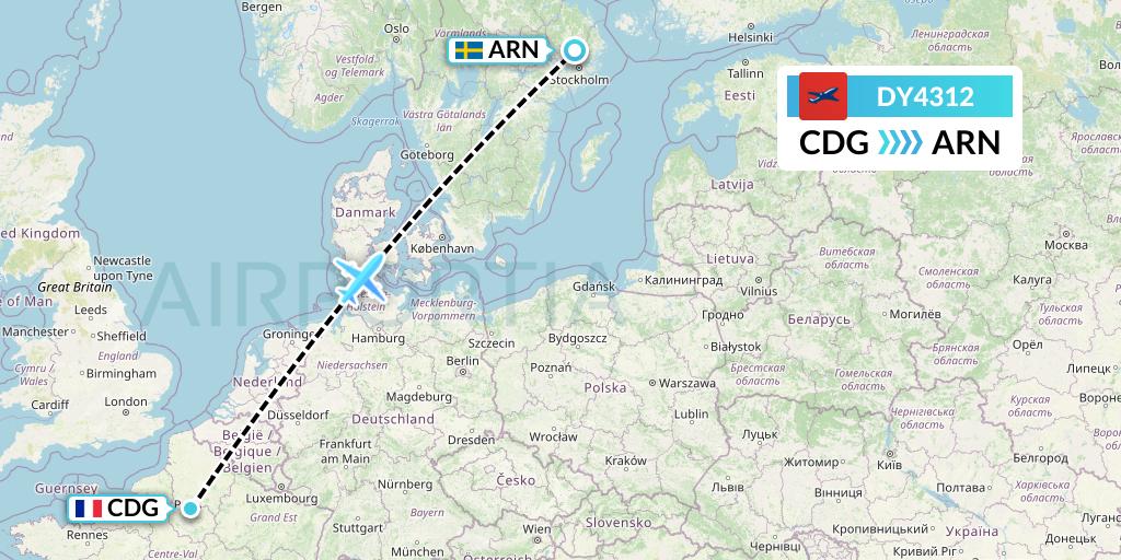DY4312 Norwegian Flight Map: Paris to Stockholm