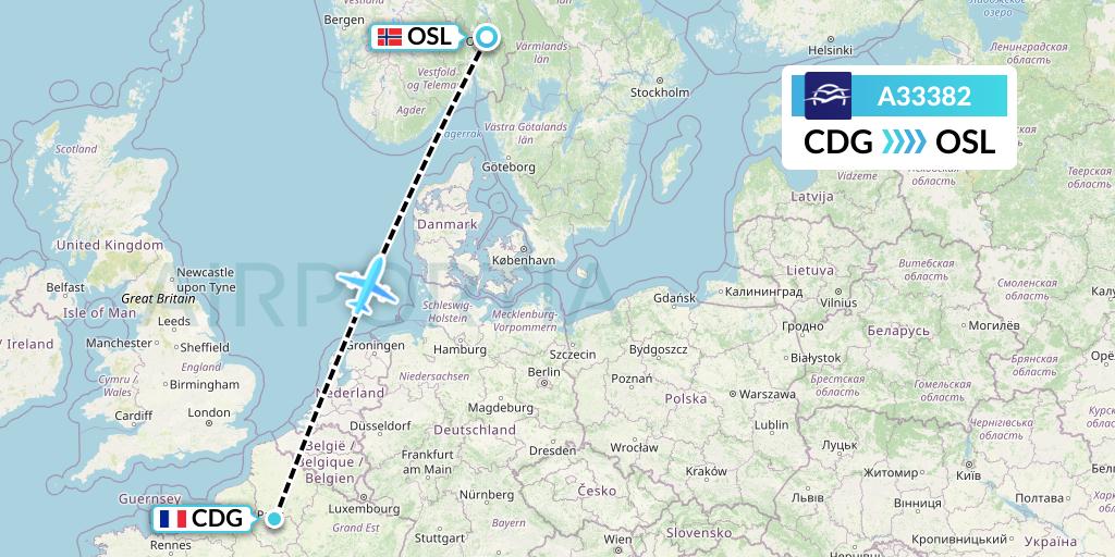 A33382 Aegean Airlines Flight Map: Paris to Oslo