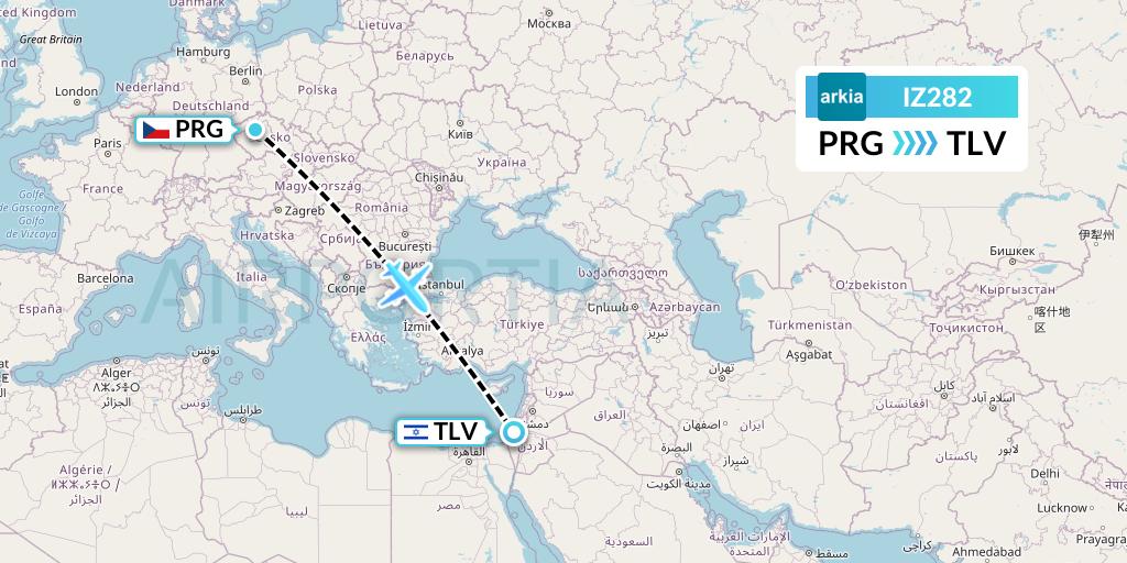 IZ282 Arkia Israeli Airlines Flight Map: Prague to Tel Aviv