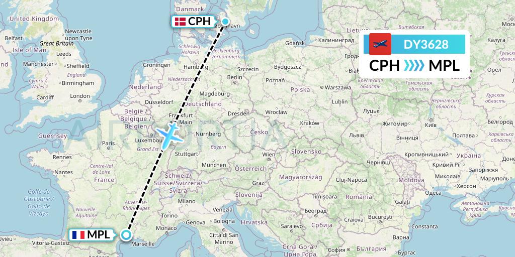 DY3628 Norwegian Flight Map: Copenhagen to Montpellier